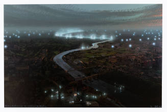 Aerial view of a city and a river at twilight, with balls of light across landscape