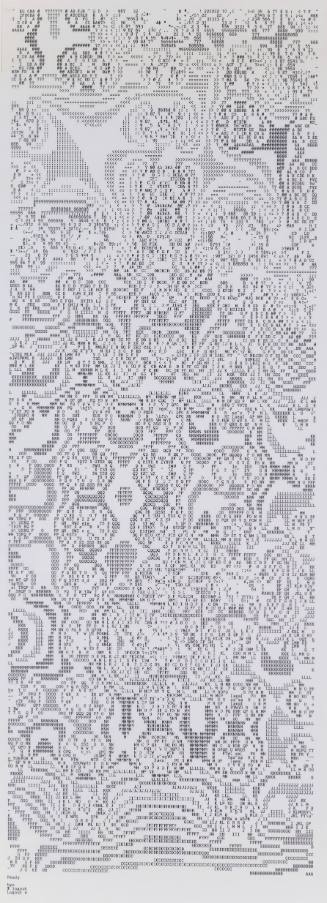 Vertically oriented print with typed letters in a pattern that gives the appearance of lace
