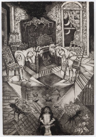 Two mechanical figures bend over toward a hybrid fireplace-piano, with baby and flies in foreground