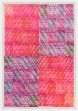 Quilt-like patchwork split into four quadrants of two pink and two predominantly blue pixilated patt