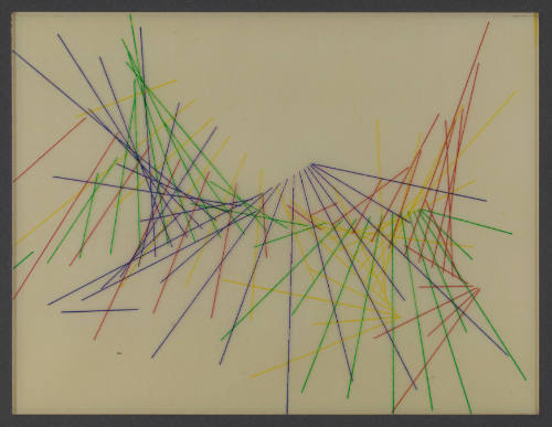 Green, purple, red, and yellow diagonal straight lines that intersect and radiate across the surface