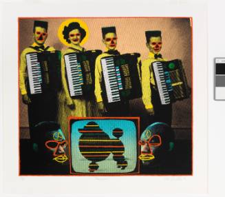 Four people wearing accordions and, in the foreground, two faces and a television showing a poodle