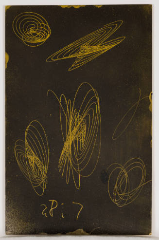 Dark soot background with yellow lines forming spirals across the surface of the artwork