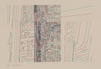 Rectangular sections of red, blue, brown, and green lines with varying lengths and density 