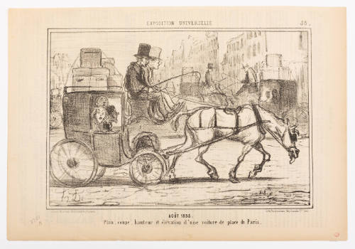 Caricature of an exhausted horse pulling a carriage full of people with luggage strapped on top