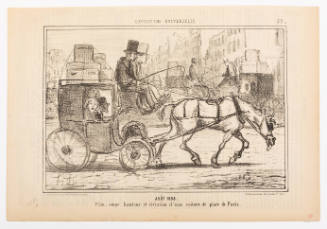 Caricature of an exhausted horse pulling a carriage full of people with luggage strapped on top