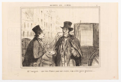Two men in front of a carriage, one with hands raised and the other disappointed with a handful of c