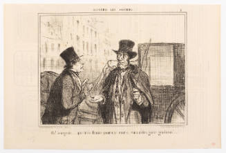 Two men in front of a carriage, one with hands raised and the other disappointed with a handful of c