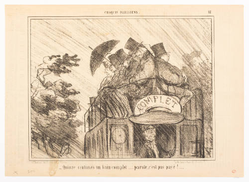 Caricature of figures in top hats on a roofless upper level of a vehicle while rain pours