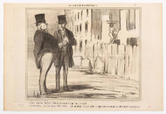 Two figures in tailcoats and tophats in discussion with a figure working on a wall in distance