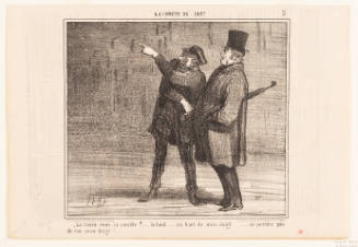 Caricature of man in hat pointing to the starry sky while pickpocketing a man in tophat 