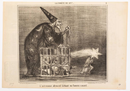 Caricature of an astronomer releasing a personification of a comet or star from a cage with ducks