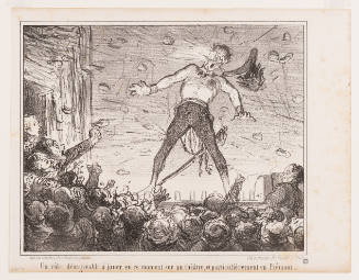 Caricature of a male presenting performer on a stage with a riotous audience throwing objects at the