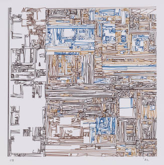 Black, blue, gold, and brown lines of varying lengths and densities form irregular grid-like pattern