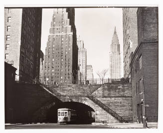 Untitled [trolly, buildings, end of 42nd Street, New York]
