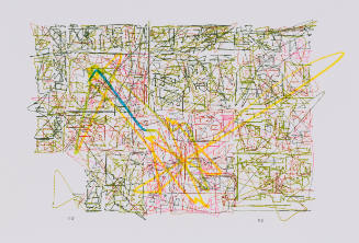 Green, red, yellow, and blue scribbles of varying thickness form grid-like pattern across most of sh