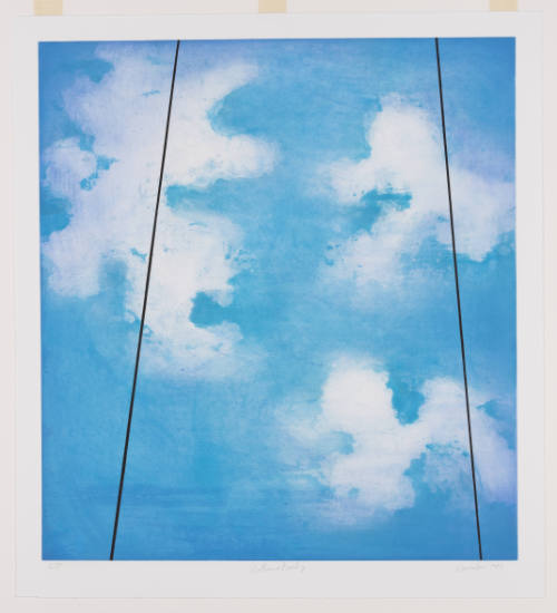 Print depicting white clouds against a blue sky with two vertical lines tilted at different angles