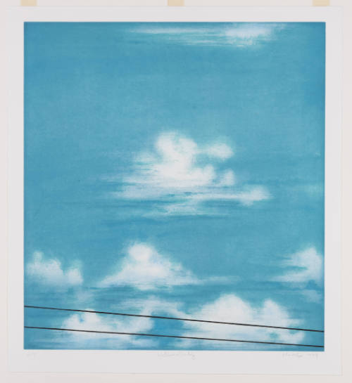 Print depicting white clouds against a blue sky with two horizontal lines at the bottom