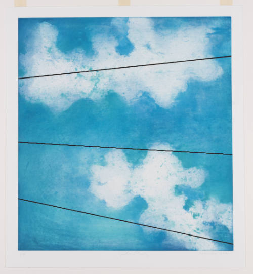 Print depicting white clouds against a blue sky with three horizontal lines running across the print