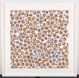 Print covered with evenly spaced gray- and brown-toned fuzzy circular shapes on white background
