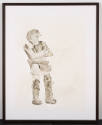 Gray watercolor of person crossing arms and wearing bulletproof vest, shin guards, cap, and holster 