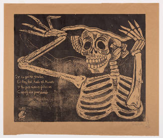 Woodcut of skeleton with hands touching its large-brimmed hat and four lines of Spanish text at left