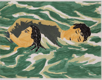 Loose depiction of two people, one swimming and one pulling along the other, among green waves