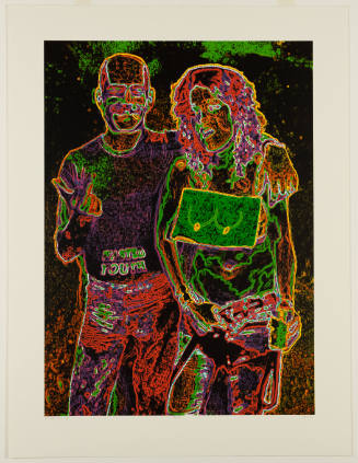 Negative image with neon colors depicting two casually clothed people standing next to one another