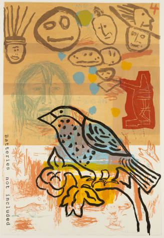 Black sketch of bird over a colorful background with sketches of faces, animals, and text