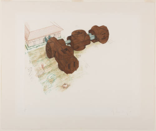 Draft drawing of large brown sculpture in the shape of electrical plugs attached to side of building