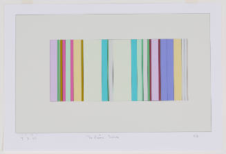 Rectangle with vertical bands of varying widths with mostly pastels: greens, blues, purples, yellows