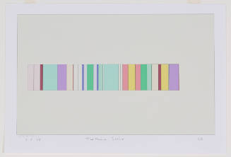 Rectangle with vertical bands of varying widths with mostly pastels: greens, blues, purples, yellows
