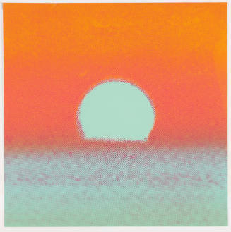 Color screenprint of sun setting over horizon, colors changing from orange at top to turquoise below