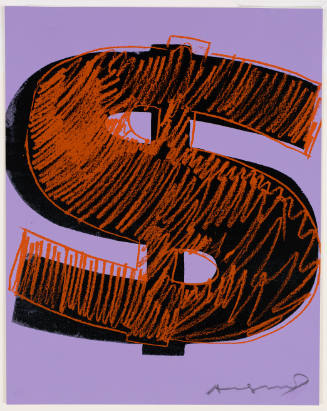 Screenprint of bold, black and red dollar symbol on a light purple background