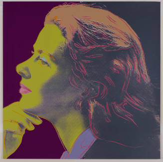 Colorful portrait of woman with long hair in profile, looking left with her hand on her chin