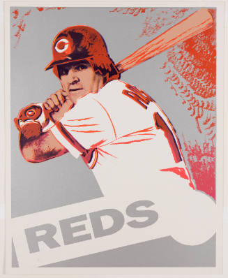 Screenprint in the style of a baseball card with man swinging a bat and text below that reads “REDS”