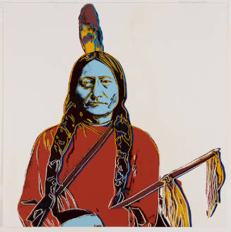 Portrait of Sitting Bull with turquoise skin, two braids, feather at back of head, and red clothing