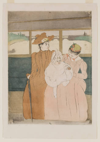 Two women on bus in orange and pink dresses with a child dressed in white on their laps
