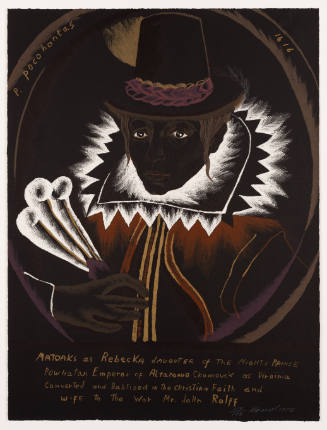 Bright marks on black background form a formal portrait of woman. Text reads, "P. Pocahontas 1616" 