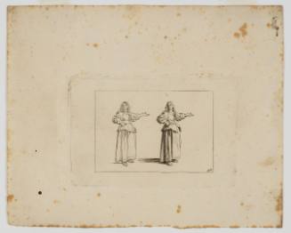 Study of two women standing side by side in the same pose: left arm on hip, right arm extended