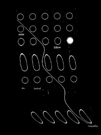 White outlines of distorted circles and ovals in six rows with text on a black background