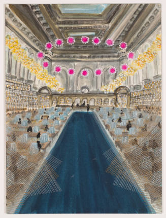 Vast neoclassical interior with shadowed figures below, and bright pink and yellow lights above
