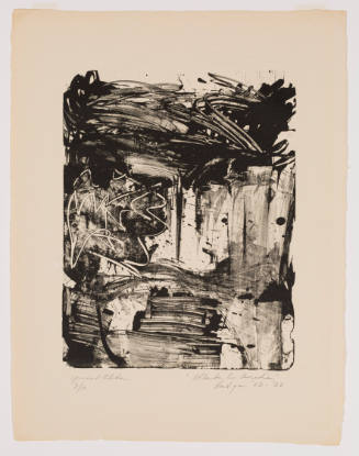 Black gestural brushstrokes and ink splatters with highest intensity at top of print