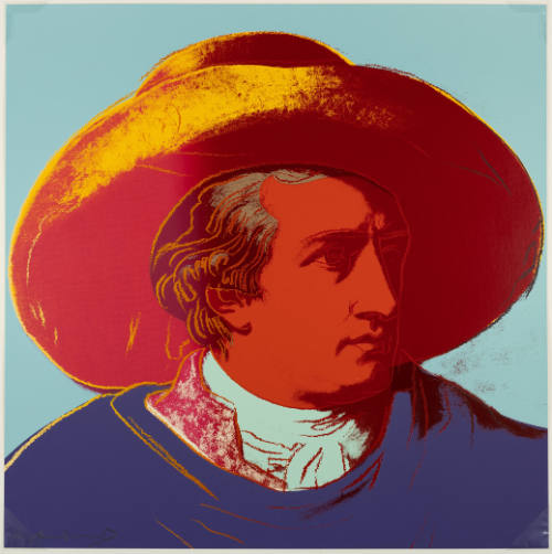 Colorful pop art portrait of a man wearing a wide-brim hat and high collar and looking to the side