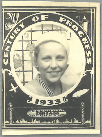 A snapshot of a person in a hat, encircled by the words “Century of Progress 1933 Chicago”