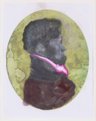 Portrait of dark-skinned man in profile wearing a high collar in front of green background