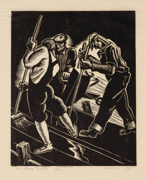 Three figures in work clothes perform physical labor using various tools against a black background