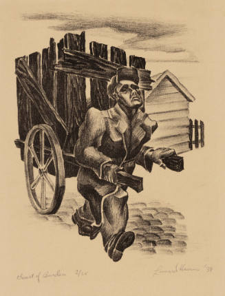 Man with downturned mouth pulling wooden two-wheeled cart with building and fence background