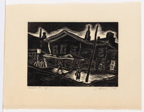 Black-and-white print of a street corner in the city, early morning or evening, with two people