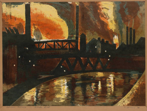 Warm-colored print with bridge over water and buildings and plants with smokestacks in background